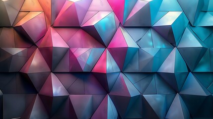 Fototapeta premium A geometric abstract background of interlocking triangles with gradient fills, transitioning from purple to teal.