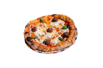 Real Neapolitan pizza with meatballs, mozzarella, basil and tomato. PNG