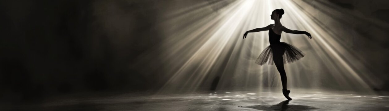 Enchanting Ballet Performance: Graceful Ballerina Dancing in Spotlight Against Dark Background