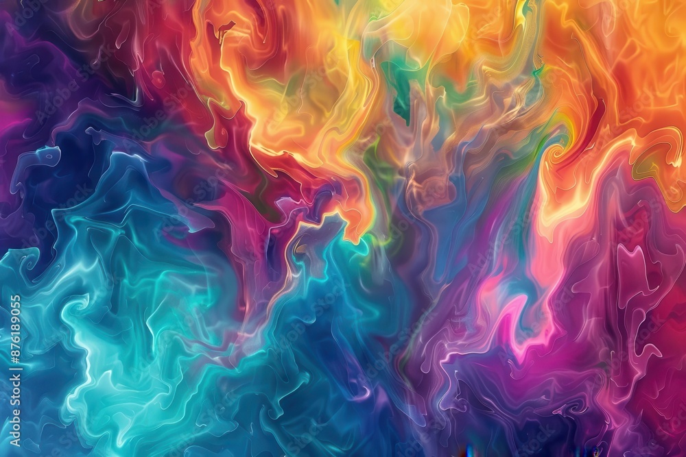 Poster psychedelic digital artwork of vibrant paint streams merging and morphing creating a hypnotic kaleid