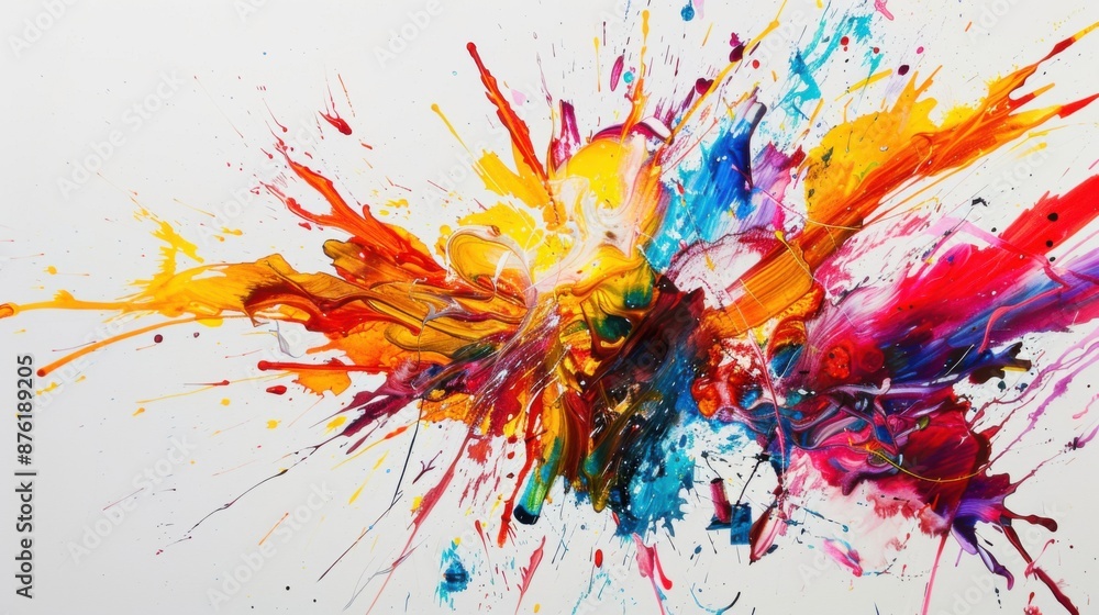 Poster energetic abstract expressionism: vivid color splashes on white canvas