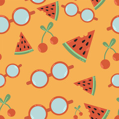 Summer seamless pattern with watermelon, cherry and sunglasses. Flying background for congratulations, invitations, wrapping paper production, textiles and web design.