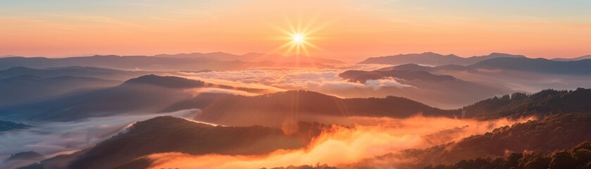 Obraz premium Majestic Mountain Range at Sunrise with Rolling Fog - Breathtaking Nature Landscape Photography
