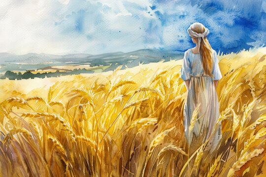 radiant biblical scene of ruth gleaning in a golden wheat field boazs estate background watercolor illustration