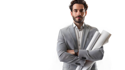 Confident architect holding blueprints, wearing a grey suit, standing against a white background, ready for construction planning.