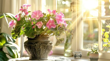 Fototapeta premium A vase filled with pink flowers atop a table by a sunlit window