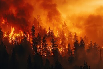 raging forest fire silhouetted trees engulfed in flames billowing smoke intense orange glow long exposure