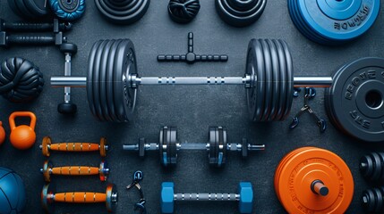 Assortment of weightlifting gear including barbells, weight plates, and kettlebells, dramatically lit to highlight their metallic textures against a dark background
