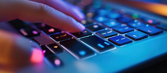 Close-up of a hand typing on a laptop keyboard with a colorful backlight.