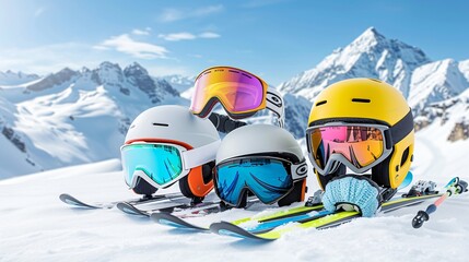Display of winter sports gear featuring colorful ski goggles, gloves, and helmets, arranged on fresh powdery snow with ski slopes in the background
