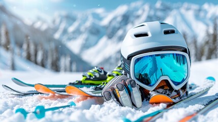 Display of winter sports gear featuring colorful ski goggles, gloves, and helmets, arranged on fresh powdery snow with ski slopes in the background