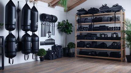 Assortment of martial arts equipment including punching bags, protective gear, and training weapons, arranged in a traditional dojo setting