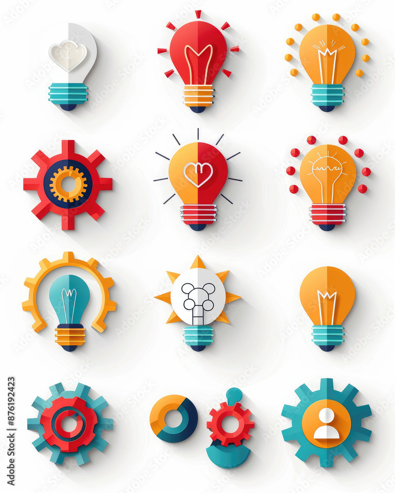 Poster flat design icons brainstorming concept with lightbulbs and gears