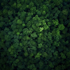Naklejka premium An expansive aerial view captures a dense, dark green forest canopy, showcasing the abundant natural ecosystems of a rainforest