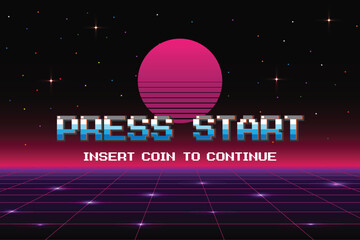 PRESS START INSERT A COIN TO CONTINUE .pixel art .8 bit game. retro game. for game assets .Retro Futurism Sci-Fi Background. glowing neon grid. and stars from vintage arcade computer games