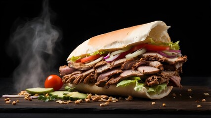 grilled sandwich with mushrooms and vegetables,fresh grilled beef turkish or chicken arabic shawarma doner sandwich flying isolated on black background