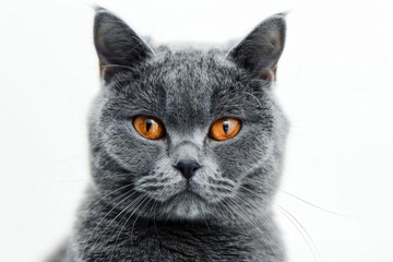 regal british shorthair portrait majestic feline with plush gray fur and striking copper eyes gazes imperiously at the viewer soft lighting enhances textures set against a clean white background