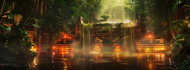 A lush jungle with a waterfall and a small pond generated by AI