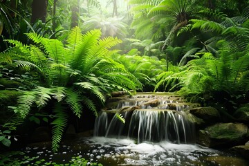 Fototapeta premium Cascading waterfall in a lush green jungle with bright sunlight streaming through the dense foliage