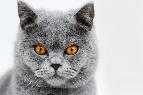 regal british shorthair portrait majestic feline with plush gray fur and striking copper eyes gazes imperiously at the viewer soft lighting enhances textures set against a clean white background