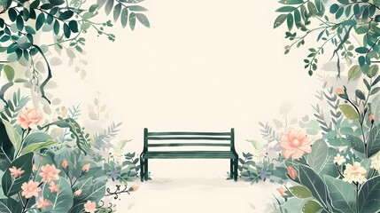 Whimsical Bench in Lush Cottage Garden with Floral Border Frame