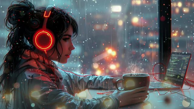 Christmas Synthwave anime manga girl, lofi background wallpaper design, anime girl, Manga Style, illustration, 16:9, video background, seamless loop