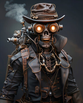 Steampunk zombie hunter with 3D model, mechanical gadgets, and Victorian fashion.