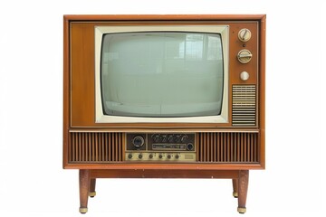 retro television set with blank screen featuring vintage wood paneling and analog dials isolated on white