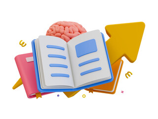 3D illustration of an open book with a brain and arrow, symbolizing knowledge growth and educational advancement.