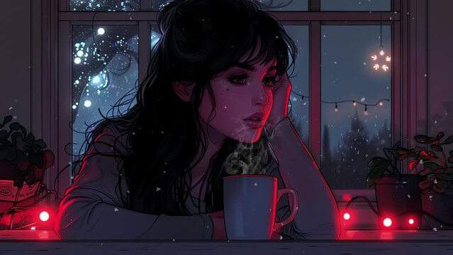 Christmas Synthwave anime manga girl, lofi background wallpaper design, anime girl, Manga Style