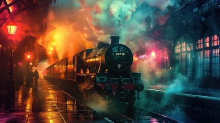 Steam train approaching a vintage station close up, focus on, copy space, rich colors, Double exposure silhouette with station architecture