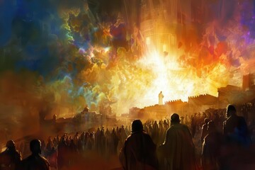 Fototapeta premium revelation of jesus christ in heavenly realm above crowd in jerusalem spiritual new testament scene digital painting