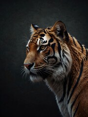 Fototapeta premium A tiger head looking away in black background