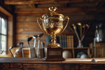 Ornate golden trophy sitting on a wooden table in a cozy, wood-paneled room