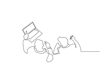 people office overhead laptop working together one line art design vector