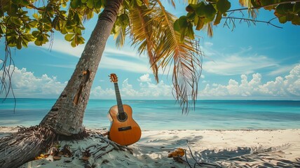 Relaxing beach scene with a guitar
