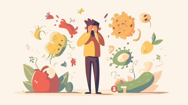 Allergy concept with symptoms signs and man character