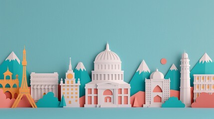 Highlight tourist destinations with colorful depictions of iconic landmarks and cultural icons. Clean and Clear Color, Realistic Photo, , Minimalism,