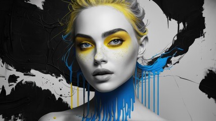 A woman with blue and yellow makeup on her face, AI