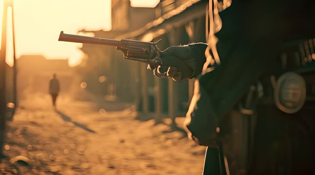 Wild West Showdown: A lone gunslinger, silhouetted against the setting sun, holds a revolver, his target a distant figure in a dusty western town.  The scene evokes tension and anticipation.