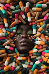 African Woman with Pills on Face and Around