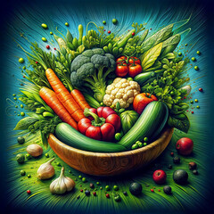  The image is a vibrant and detailed illustration of a colorful bowl of fresh fruits and vegetables.