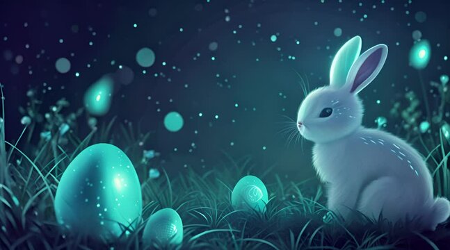 Enchanted Easter Eve: A fluffy white rabbit sits serenely amidst glowing eggs, bathed in the ethereal glow of fireflies on a magical night. 