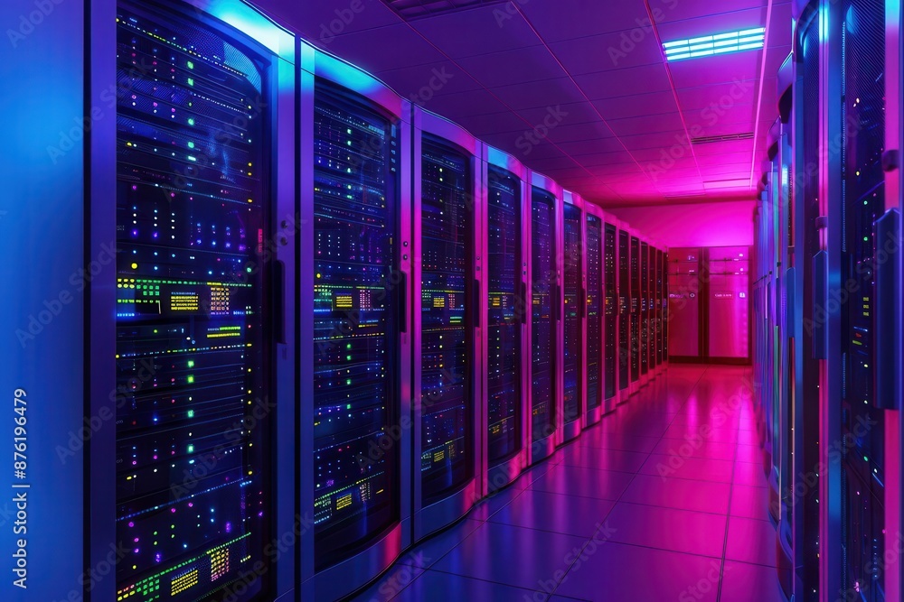 Aufkleber row of network servers with glowing led lights in data center information technology concept digital
