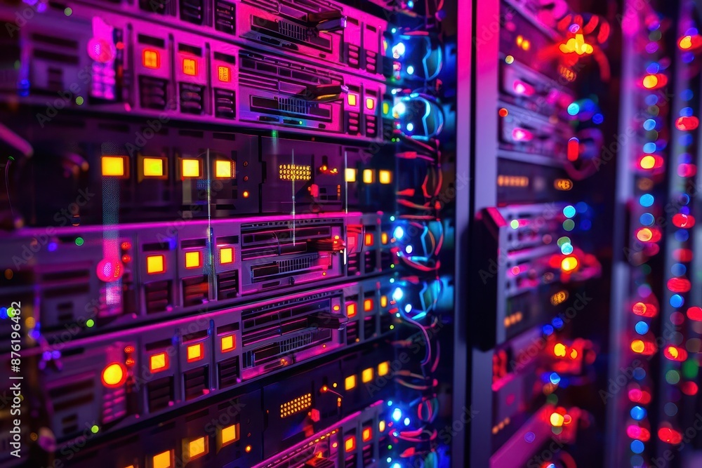 Aufkleber row of network servers with glowing led lights in data center information technology concept digital