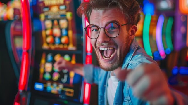Excited Man Playing Slot Machine at Casino. Generative AI