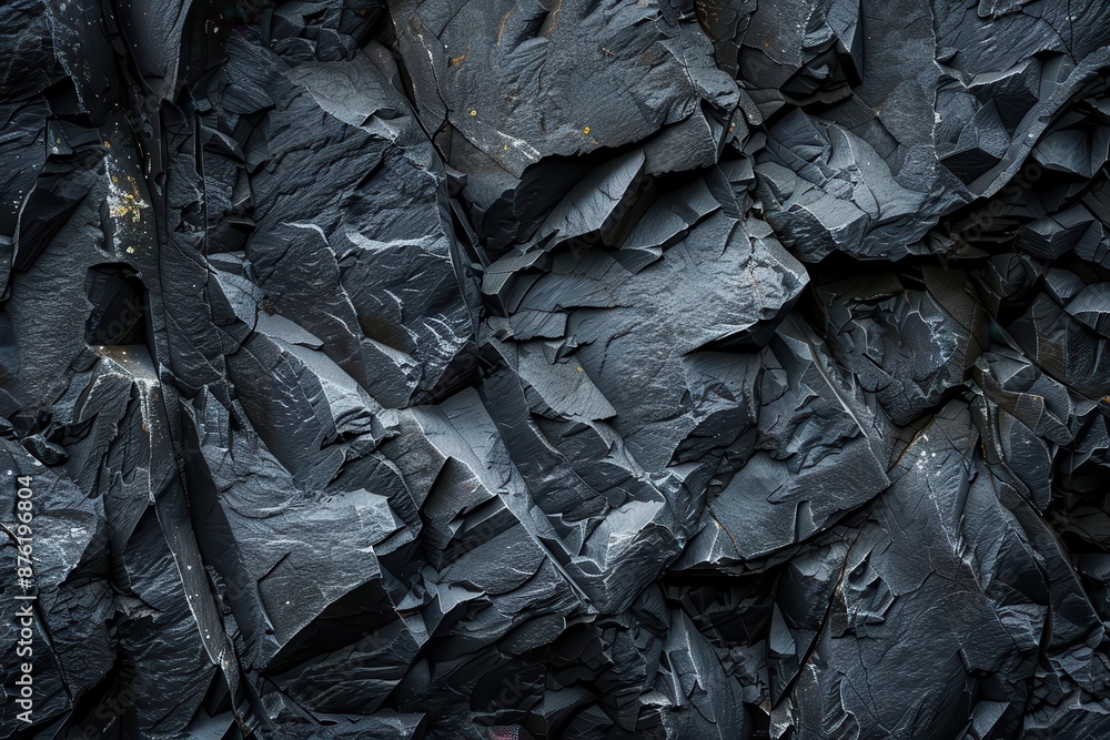 Poster rugged black stone surface with deep crevices and weathered texture dramatic lighting accentuates th