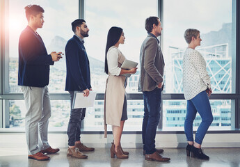 Waiting line, people and hiring with profile, recruitment and casting call for auditions. Performers, interview and actors in queue for talent, theatre production and resume with group and ready