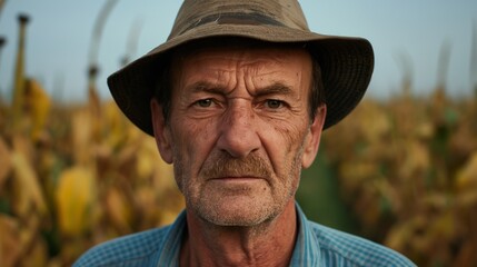 Obraz premium A farmer wearing a hat stands in a field of corn, looking directly at the camera