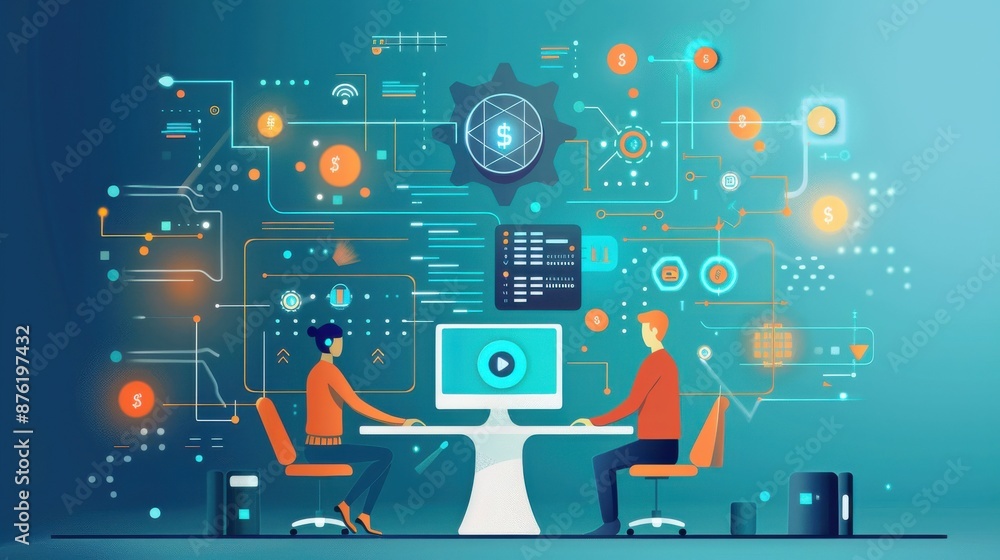 Poster blockchain development team working on a new platform, cutting-edge and collaborative.